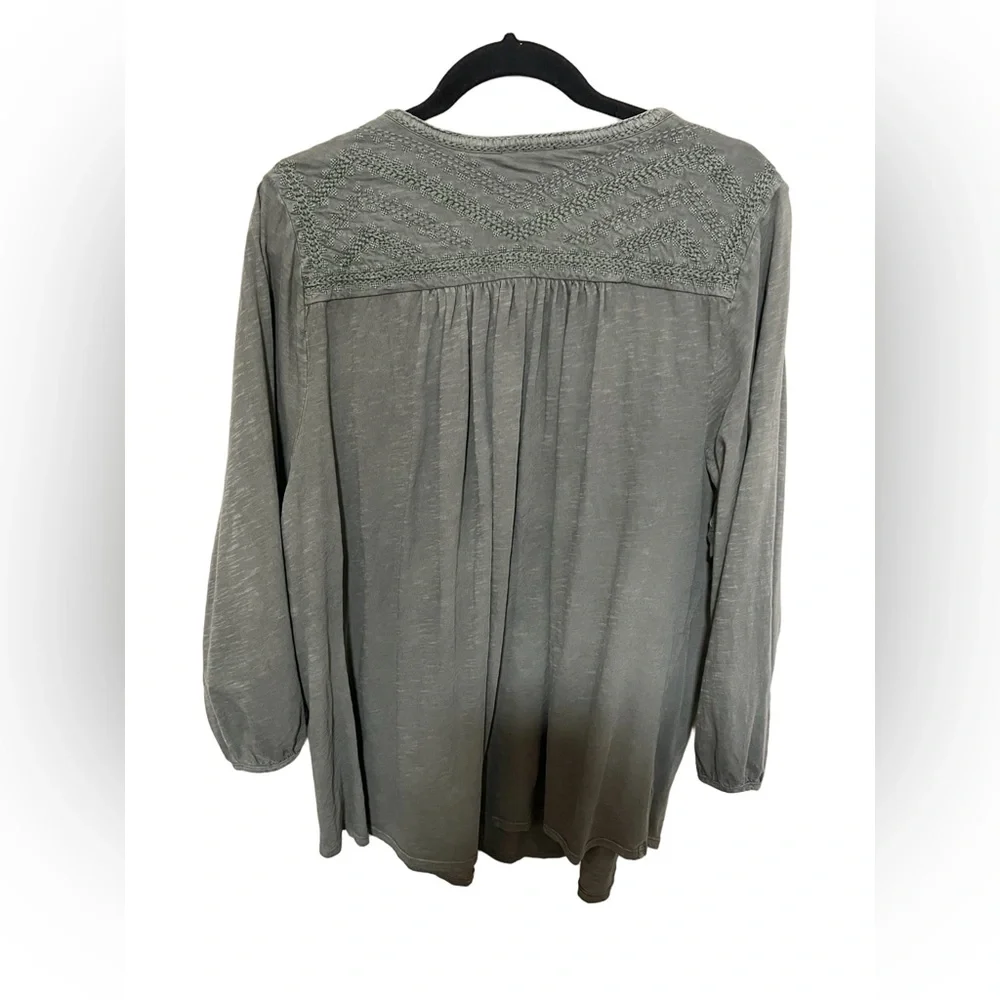 Lucky Brand 3X Embroidered Henley Women Olive Green Cotton Shirt Boho Artsy - Picture 2 of 8